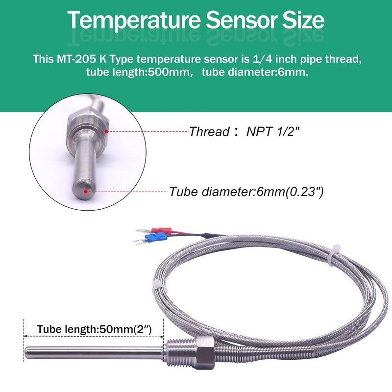 Twidec /2M NPT 1/4" inch (6X50MM) Pipe Thread Temperature Sensor Probe Two Wire Temperature Controller (0~600℃) 304 Stainless Steel K Type Thermocouple MT-205-1/4 - Image 2